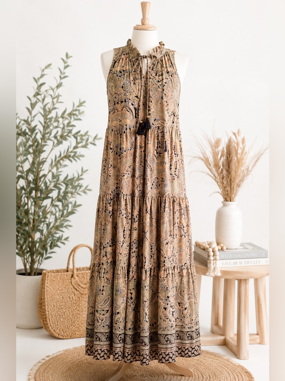 Boemo Paisley Boho Maxi Dress Size Large NWT Sleeveless Tassel Tie